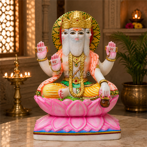 Premium Marble Lord Brahma Statue | Handcrafted White Marble Chaturmukha Brahma Murti on Lotus | MALIYAS Jaipur - Product Image 1