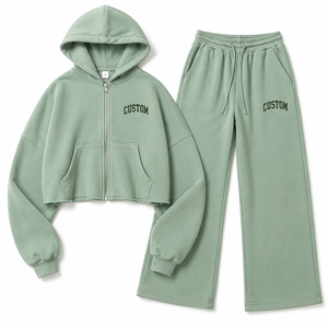 Ensemble de survêtement vert sauge pour femme, deux pièces, veste à capuche zippée et pantalon large, pour tenue décontractée, fitness et sport, costumes personnalisés en gros - Product Image 3