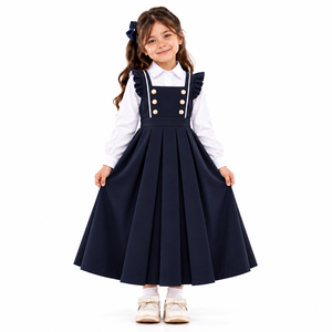 Conjunto de Uniforme Escolar para Niñas de Jardín de Infancia, Vestido Midi Plisado Azul Marino, Blusa con Volantes en los Hombros, Poliéster, Atuendo para Regreso a Clases - Product Image 1