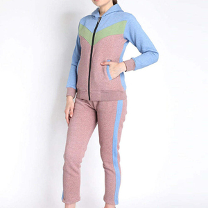 Conjunto Deportivo para Mujer con Bloques de Color, Sudadera con Capucha y Cremallera, Manga Larga, Estilo Casual para Otoño, Rosa, Azul, Verde, Pantalones de Poliéster y Algodón - Product Image 1