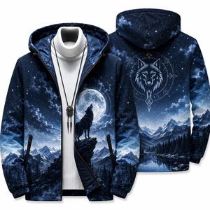 Veste à capuche pour homme, coupe-vent, motif montagne et ciel imprimé, décontractée, coupe régulière, en polyester tricoté, avec fermeture éclair - Product Image 3