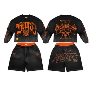2026 Custom Men's Summer Shorts <b>Set</b> with Chenille <b>Embroidery</b> Breathable Cotton Tee Shirt and Track Shorts-OEM Service - Product Image 5