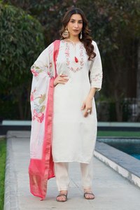 Conjunto de Kurta Tradicional de Seda Viscosa Blanca para Mujer, Bordado Floral, Dupatta Rosa, Ropa Casual, India, Pakistán, Largo hasta el Suelo, Corte Regular - Product Image 1