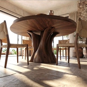 Handcraft Round Wooden <b>Dining</b> <b>Table</b> With Tree Trunk Base <b>Rustic</b> Modern Design For 4- 6 Seating Home Furniture - Product Image 3