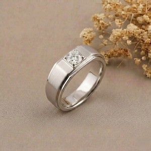 Classic 18K White Gold Engagement <b>Ring</b> With Round Brilliant Cut Diamond Bezel Setting Men <b>Fine</b> Jewelry - Product Image 4