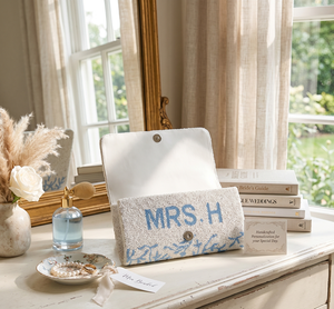Personalized Custom Name & <b>Initial</b> Clutch Bag for Women Fashion Linen with Button Detail Wedding & Evening Use - Product Image 5