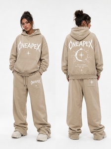 Ensemble de survêtement décontracté deux pièces en molleton délavé beige surdimensionné, style streetwear, avec sweat à capuche et pantalon de jogging - Product Image 2