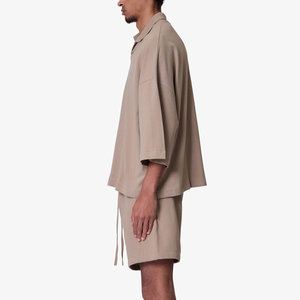 Men's Beige Oxford Polo <b>Shirt</b> <b>Half</b> Sleeve Casual <b>Button</b> Collared Cotton Solid Color Breathable Woven Fabric Regular Length - Product Image 3