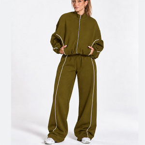 Conjunto de chándal de dos piezas para mujer al por mayor: Chaqueta con cremallera y línea de contraste, pantalón de pierna ancha de ajuste relajado, estilo casual a juego. - Product Image 1