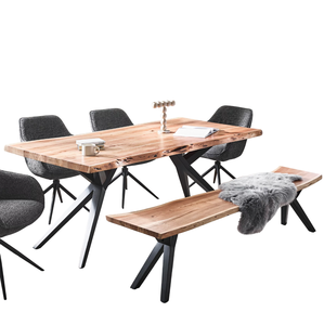 Mesa de Comedor de Madera de Acacia Sólida con Borde Natural, Forma Rectangular, Acabado Natural, Patas Metálicas Plegables, Duradera y Ecológica - Product Image 1