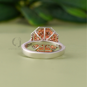 14K White Gold Art Deco Ring 0.53 CT Vivid Red Cushion Cut Lab Diamond Octagon Double Halo-Diamond Clarity VVS2 VS1 Yellow Gold - Product Image 4
