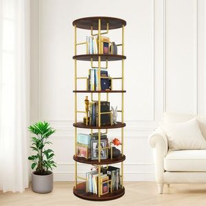 Libreria Girevole a 5 Ripiani in Legno e Metallo, Espositore Rotante a 360° per Libri - Product Image 4