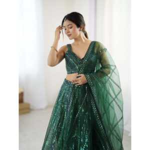 Lehenga Choli indien et pakistanais non cousu, 1400g, avec paillettes vertes et travail de dori, vêtements de fête - Product Image 3