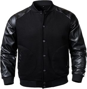 Veste varsity en cuir PU noir pour homme, coupe classique, col rabattu, fermeture boutonnée, vêtement décontracté pour l'automne - Product Image 2
