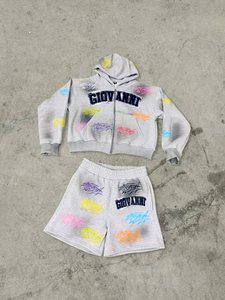 Ensemble de survêtement Gucha Sports pour homme, comprenant un sweat à capuche avec patch brodé personnalisé effet vieilli et un short de jogging en coton, style délavé à l'acide et vintage, idéal pour l'été. - Product Image 4