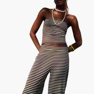 Casual Striped 2 Piece Set Strapless Crop Top And Wide Leg <b>Pants</b> Casual Women's Loose Fit Spring Summer Outfit Cotton Co-ord Set - Product Image 6