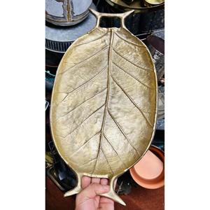 Golden Leaf Shaped Serving <b>Tray</b> With Handle Polished Metal Finish Decorative Platter Wedding Table Decor Antique Dish For Sale - Product Image 1