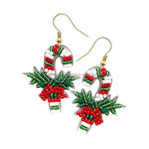 Candy Cane Beaded <b>Earrings</b> Handmade Holiday Dangle Jewelry Christmas Statement <b>Earrings</b> for Women - Product Image 5