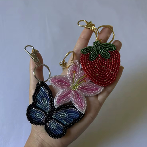 Beaded Butterfly Strawberry Keychain Set Cute Handmade Charms Aesthetic Nature Inspired Gift - Product Image 1