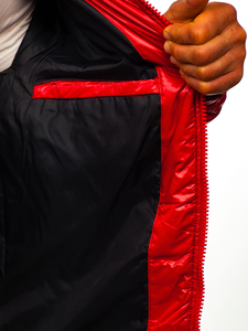 Men's Red Hooded Puffer <b>Jacket</b> With Zipper Closure And Patch Design Winter Casual Wear - Product Image 2