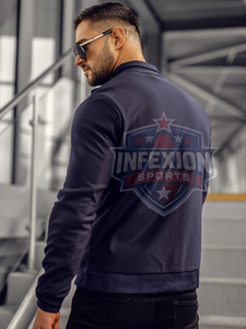 Men's Navy Blue Stand Collar Bomber <b>Jacket</b> Zipper Closure Casual Windproof Polyester Slim Fit Autumn Wear - Product Image 2