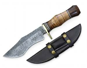 Handcrafted Custom Damascus Steel Outdoor Utility <b>Tool</b> Recurved Blade Stacked <b>Leather</b> Walnut Wood Handle Brass Guard - Product Image 1