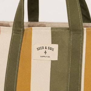 Multi Stripe Cotton <b>Canvas</b> Vintage Tote Bag Eco Friendly Large Capacity Custom Size Olive Green Trim Shoulder Handbag Reusable - Product Image 6