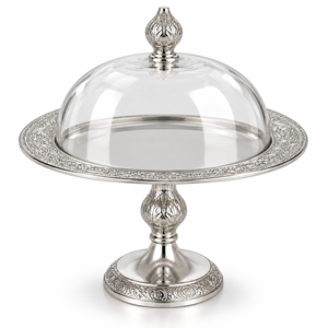 Round Silver Embossed Chocolate Server with Clear Dome for Restaurant Hotels Weddings & Event Custom Sizes & Colors Available - Product Image 1