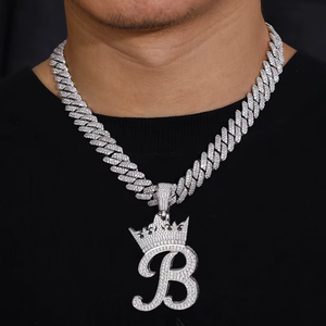 Pendentif personnalisé en moissanite en forme de couronne lettre B, style couronne, plaqué argent sterling 925, collier chaîne pour homme style hip-hop - Product Image 1