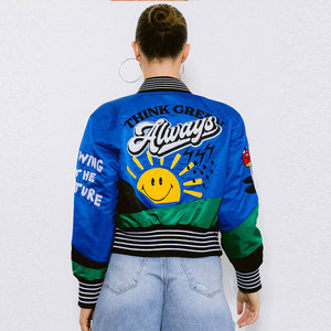 Varsity <b>Jacket</b> <b>Women</b> Cartoon Print Blue Green Patch Design Turn-down Collar Full Sleeve Short Length <b>Spring</b> Wear - Product Image 6