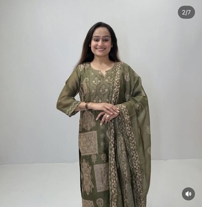 Women's Olive Green Solid Embroidered 2-Piece Loose Fit Long Kurta Dupatta Casual Wear Full Length <b>Linen</b> - Product Image 2