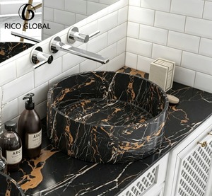RICO GLOBAL Round Marble Vessel <b>Sink</b> Polished <b>Black</b> Gold Veins Top Mount Bathroom Basin Contemporary Design - Product Image 1
