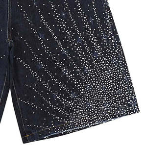 Men's High Waist Denim <b>Shorts</b> Dark Wash Sequined Straight Leg Casual Summer Style - Product Image 2