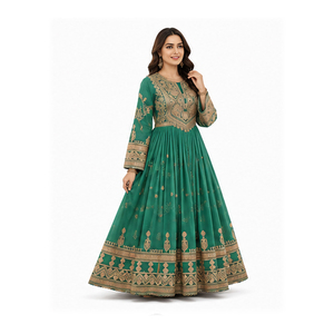 Manufactures <b>Green</b> <b>Silk</b> Embroidered Traditional Indian Pakistani Women's Loose Fit Floor Length Wedding Dress Afghan Kuchi Dress - Product Image 2