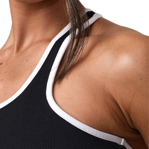 Camiseta Deportiva de Punto para Mujer, Color Negro Sólido, Cuello Halter, Logotipo Personalizado en la Parte Delantera, Ropa Deportiva Transpirable - Product Image 6
