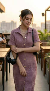 Vestido Camisero Midi de Manga Corta con Cuello Polo, Dobladillo Asimétrico y Detalle de Botones, Color Sólido, Tejido de Tela, Estilo Casual - Product Image 3
