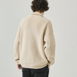 <b>Men's</b> Beige Mandarin Collar Ribbed Knit Cardigan Full Sleeve Solid Color Anti-Pilling Winter Wear - Product Image 4