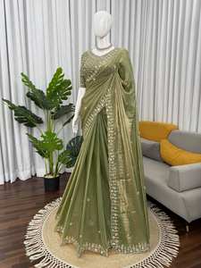Elegant <b>Green</b> Fendy <b>Silk</b> Saree Gold Embroidery Winter Summer Quick Dry Designer Indian Wedding Bridal Party Wear Lehenga Style - Product Image 3