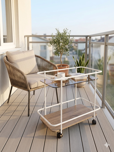 Modern Rolling Coffee Table Metal <b>Frame</b> Glass Top 2 Tier Serving Trolley Wood Base for Living Room Dining - Product Image 3