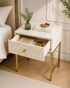 White Bone Inlay Nightstand Gold Metal Legs Accent <b>Side</b> Table Antique <b>Drawer</b> Bedside Cabinet for Bedroom Hotel - Product Image 4