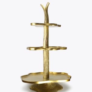 Gold Three Tier Cake Stand With Tree Trunk Design And Scalloped Edges For Elegant Display - Product Image 3