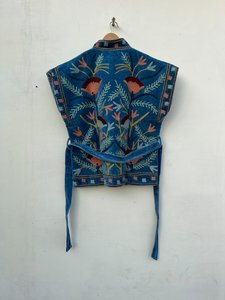 Blue Embroidered Suzani Velvet Short Jacket Statement Outerwear Coat Velvet Blazer Unisex Jacket Gift For <b>Wife</b> Bridal Jacket - Product Image 2