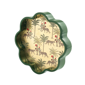 Bandeja de Servir Redonda Decorativa con Diseño de Animales de la Selva en Dorado y Acabado en Laca Verde Premium, para Té - Product Image 1