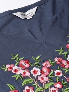 100% algodón Color Azul Marino bordado de flores en el vestido se utiliza se ve increíble - Product Image 2