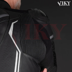 Blouson de moto racing noir et blanc en cuir certifié CE, grande taille, haute performance, coupe ajustée, coupe-vent et protecteur - Product Image 6