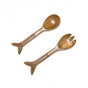 Juego de utensilios de cocina de madera de acacia a precio asequible: cuchara y tenedor para servir, diseño de cola de pez, cucharas para ensalada. - Product Image 1