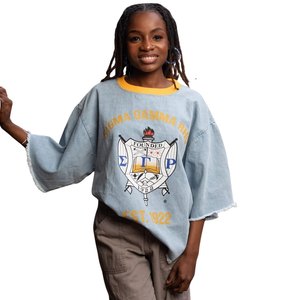 Camiseta de Mezclilla Sigma Gamma Rho para Mujer, Gris, Talla Grande, Diseño Gráfico de Hermandad Griega, Estilo Casual Urbano Vintage - Product Image 1
