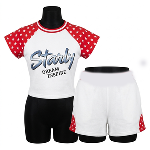 เสื้อครอปท็อปผ้าคอตตอนเจอร์ซีย์ 220 GSM สำหรับผู้หญิง กางเกงขาสั้นผ้าเทอร์รี่ 320 GSM สีน้ำเงินขาว ชุดพิมพ์ลายพัฟฟ์ เสื้อยืดและกางเกงขาสั้นผ้าฝ้าย 100% - Product Image 5