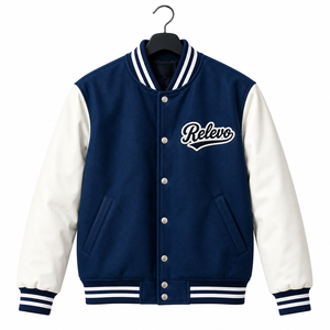 Veste universitaire Relevo pour homme, bleu marine, manches blanches, lettres brodées sur le devant, col rabattu, vêtement d'automne - Product Image 1