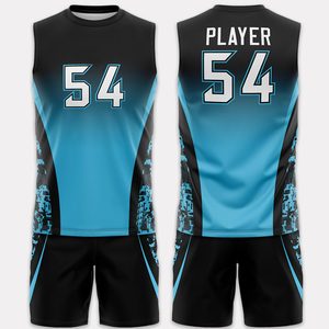 ชุดเสื้อบาสเก็ตบอลแบบกำหนดเอง สีดำไล่เฉดสีน้ำเงิน พิมพ์ลายแบบ Sublimation ระบายเหงื่อได้ดี สำหรับผู้ใหญ่ แบบ Unisex คอกลม แขนกุด ผ้าตาข่าย - Product Image 1